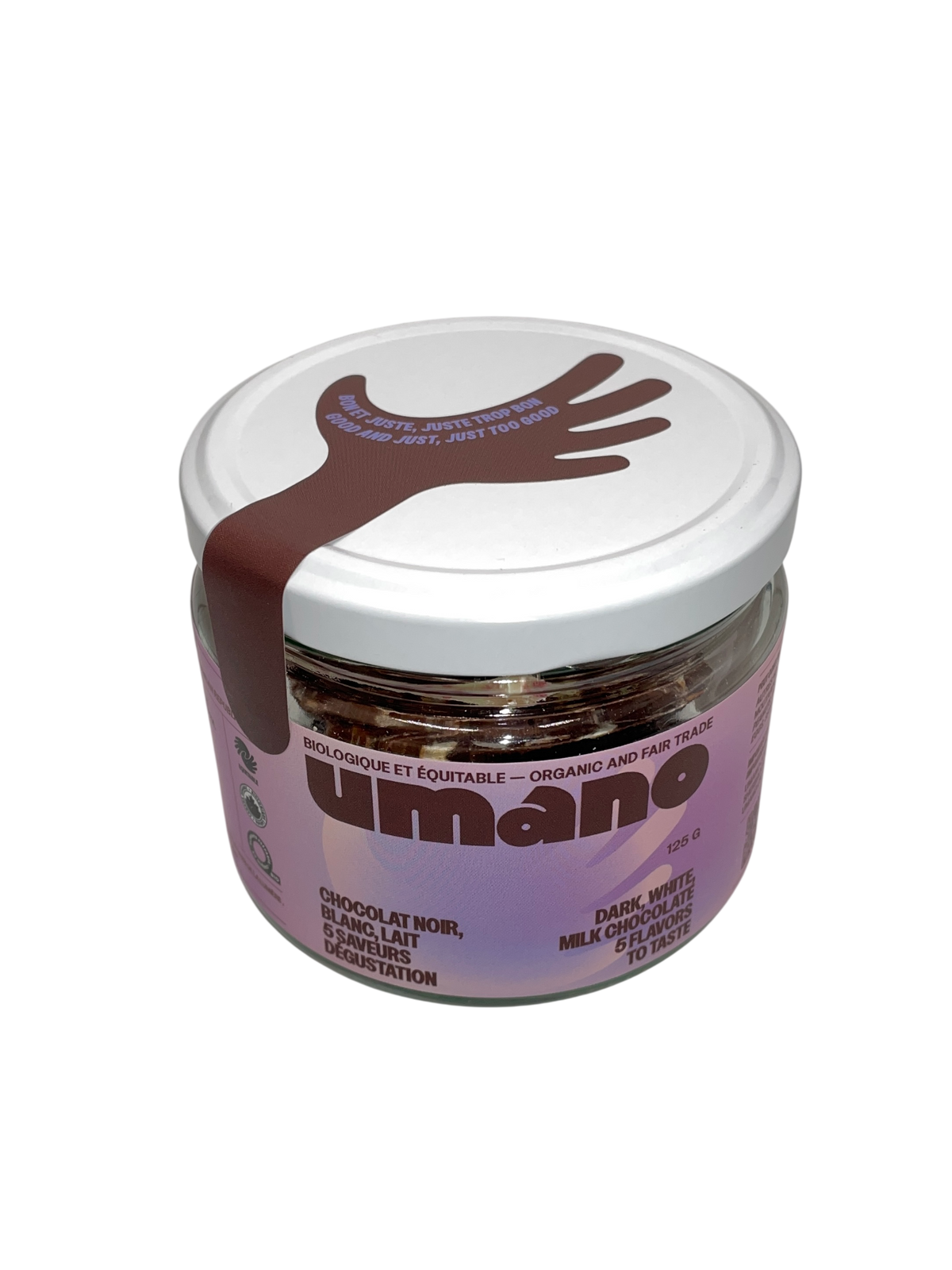 Dark, white and milk chocolate bars in a jar - organic / fair trade